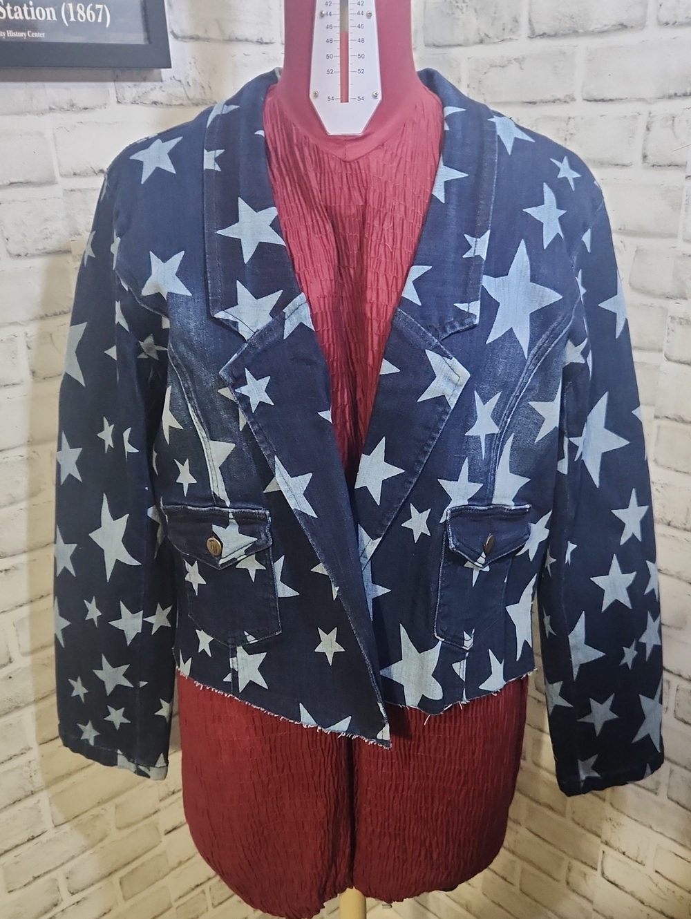 Turquoise Haven Women’s Star Print Cropped Denim Jacket - Navy - Picture 1 of 9